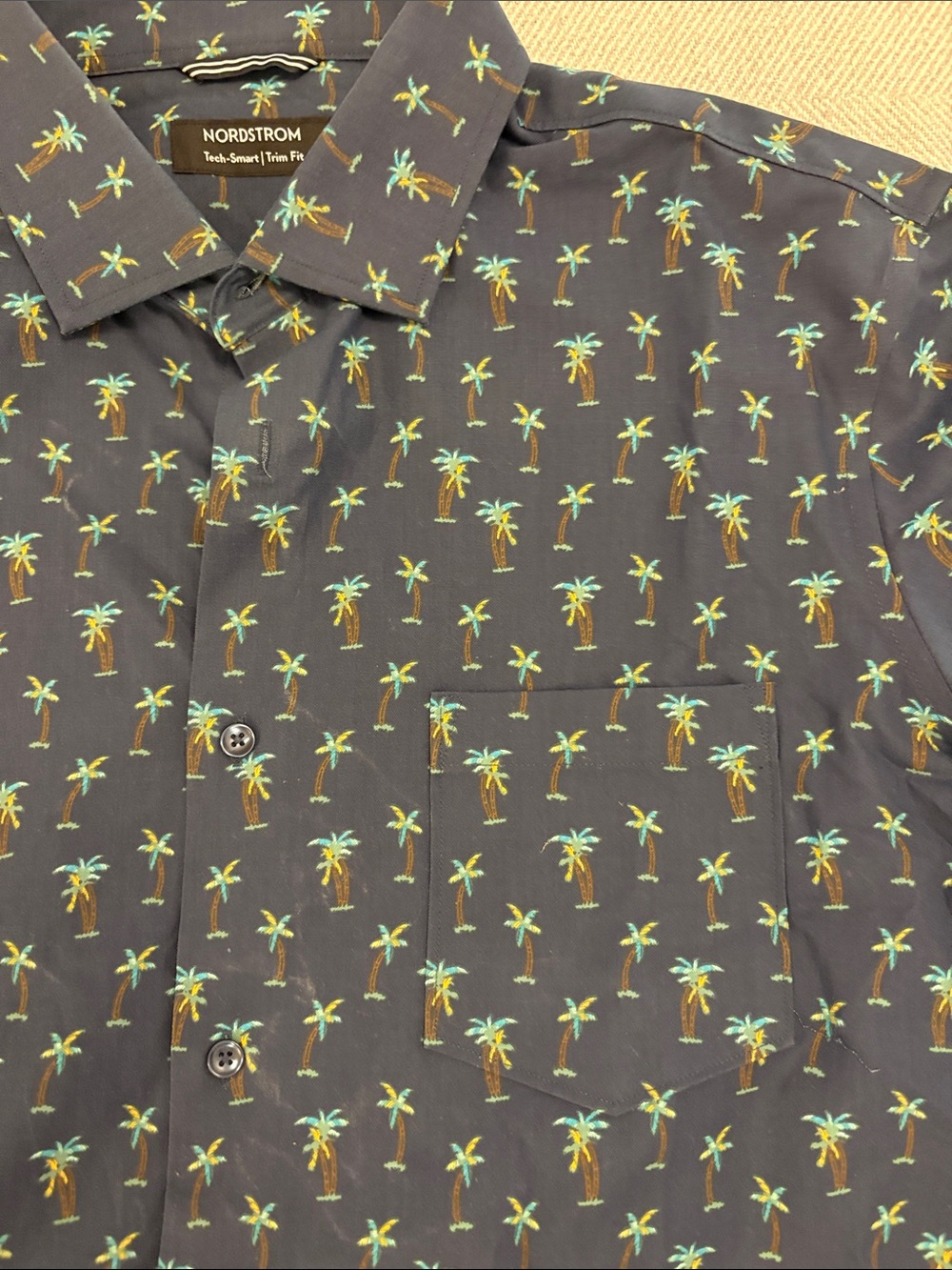 Nordstrom Navy Short-Sleeve Button-Down with Green Palm Print - Picture 4 of 4
